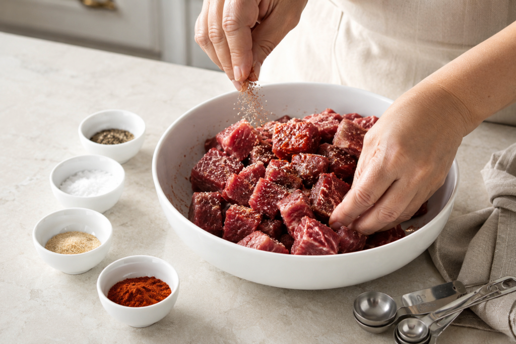 Seasoning sirloin steak cubes before pan searing
