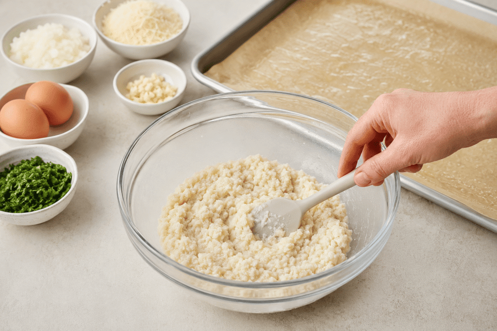 Panko breadcrumbs soaking in milk beside a prepared baking sheet