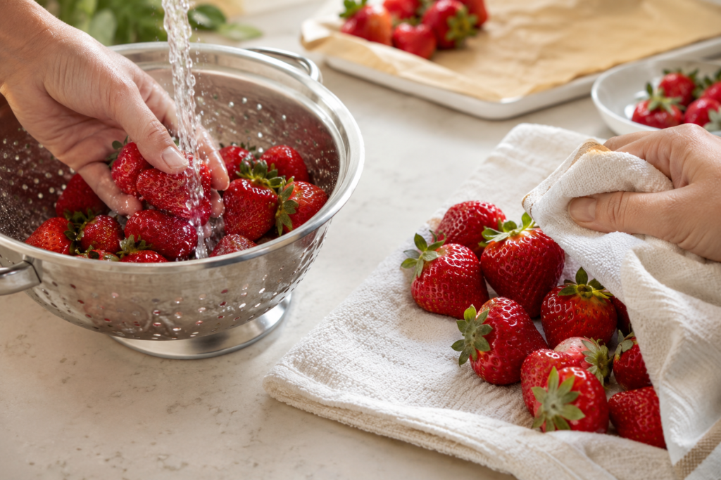 Washing and drying fresh strawberries before dipping in chocolate