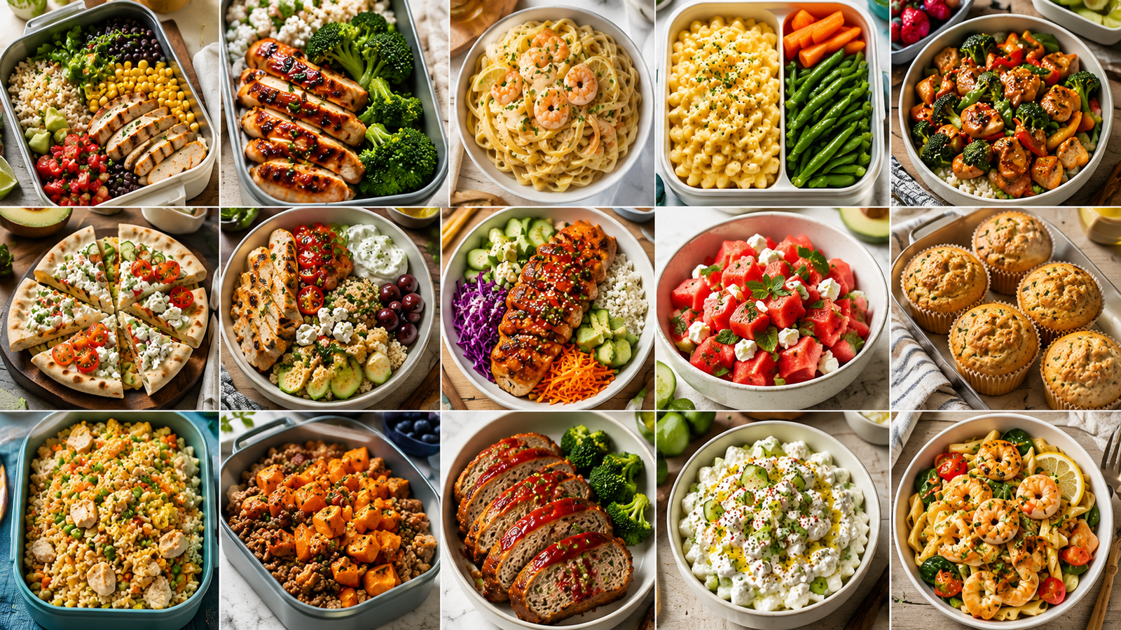 Collage of healthy kids lunchbox ideas featuring chicken burrito bowls, grilled chicken, pasta, cauliflower mac and cheese, cottage cheese flatbread, muffins, fried rice, fresh salad, meatloaf, and protein-packed lunchbox meals.