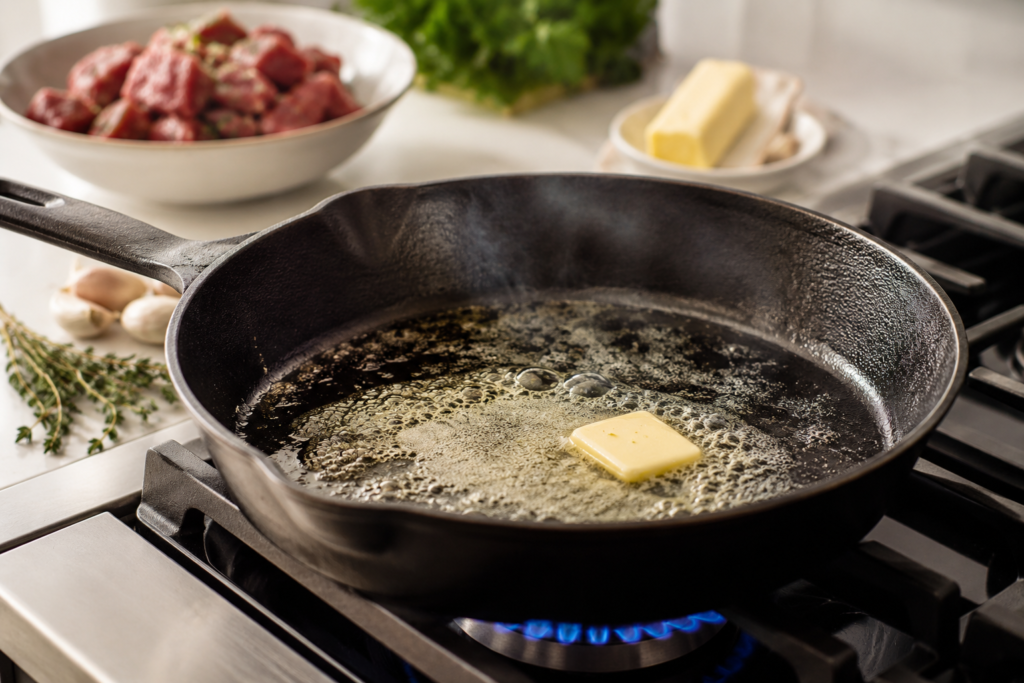 Heating a cast-iron skillet with butter and avocado oil before searing steak