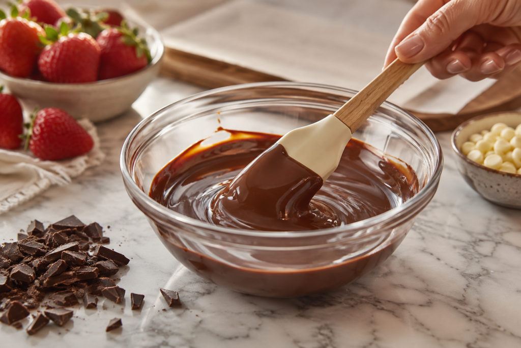 Melting semi-sweet chocolate until smooth for chocolate covered strawberries