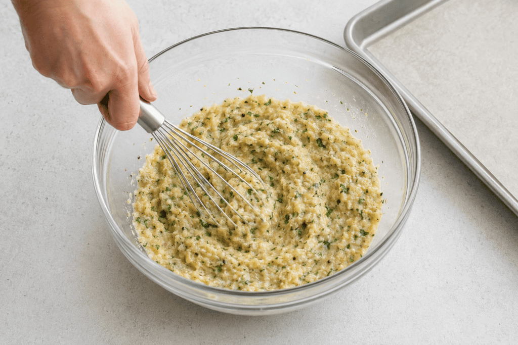 Eggs, grated onion, Parmesan, and herbs being mixed with softened breadcrumbs