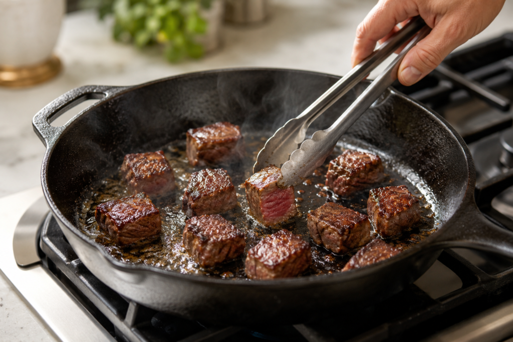 Pan searing seasoned sirloin steak bites in a hot cast-iron skillet