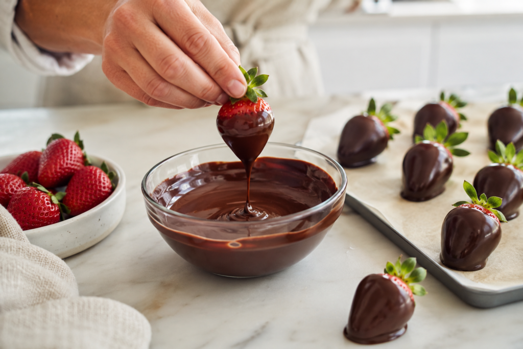 Dipping fresh strawberries into melted chocolate