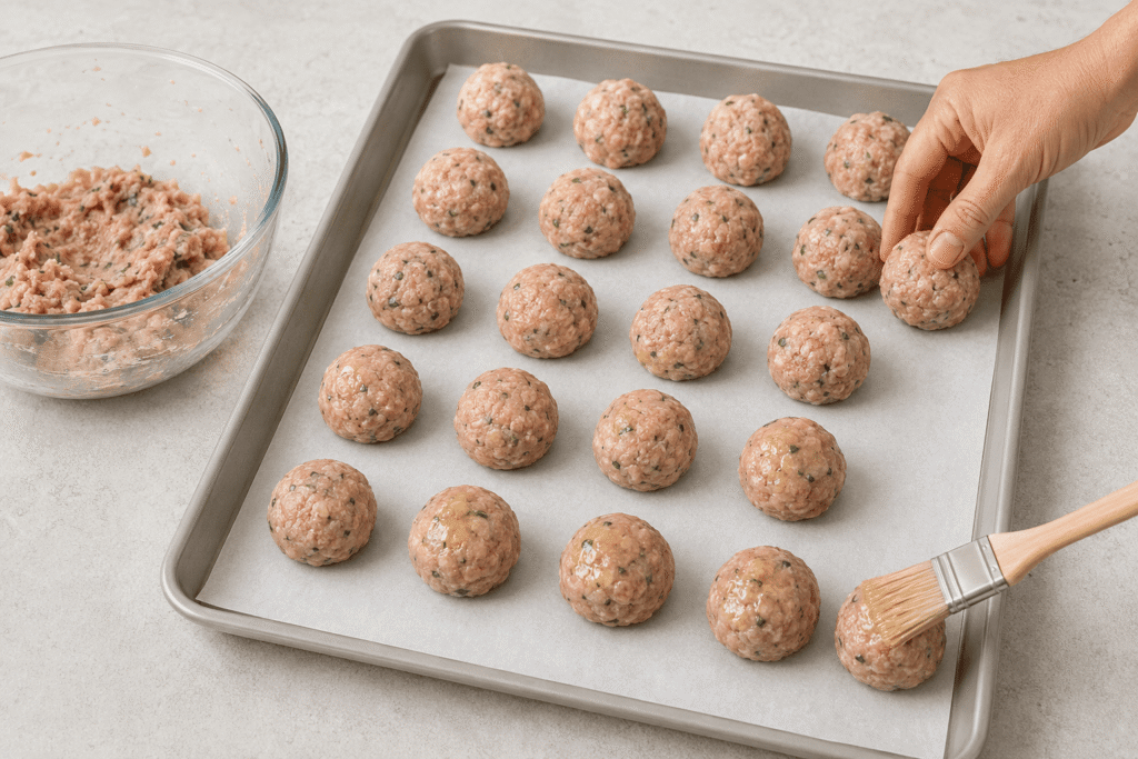 Evenly shaped turkey meatballs arranged on a parchment-lined baking sheet