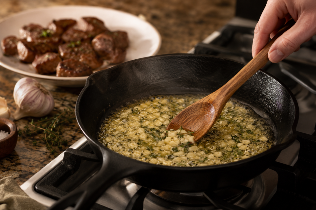 Cooking garlic butter sauce with fresh garlic and thyme in a cast-iron skillet