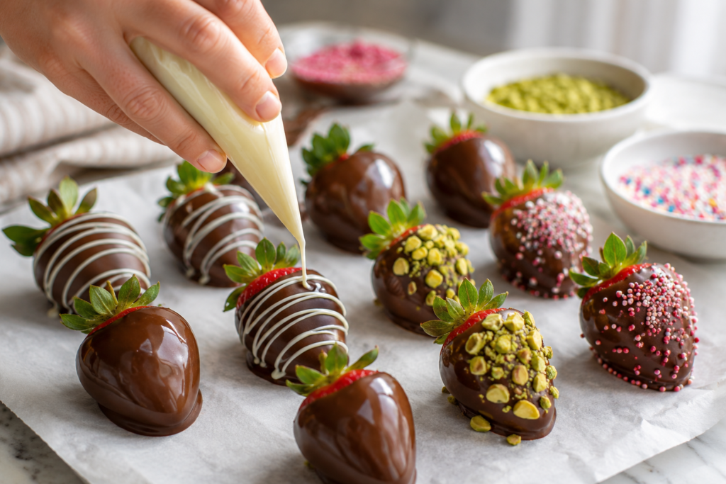 Decorating chocolate covered strawberries with white chocolate and toppings