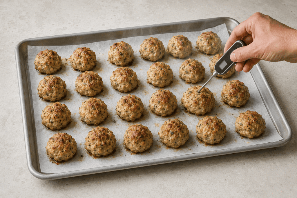 Lightly browned baked turkey meatballs on a parchment-lined sheet pan