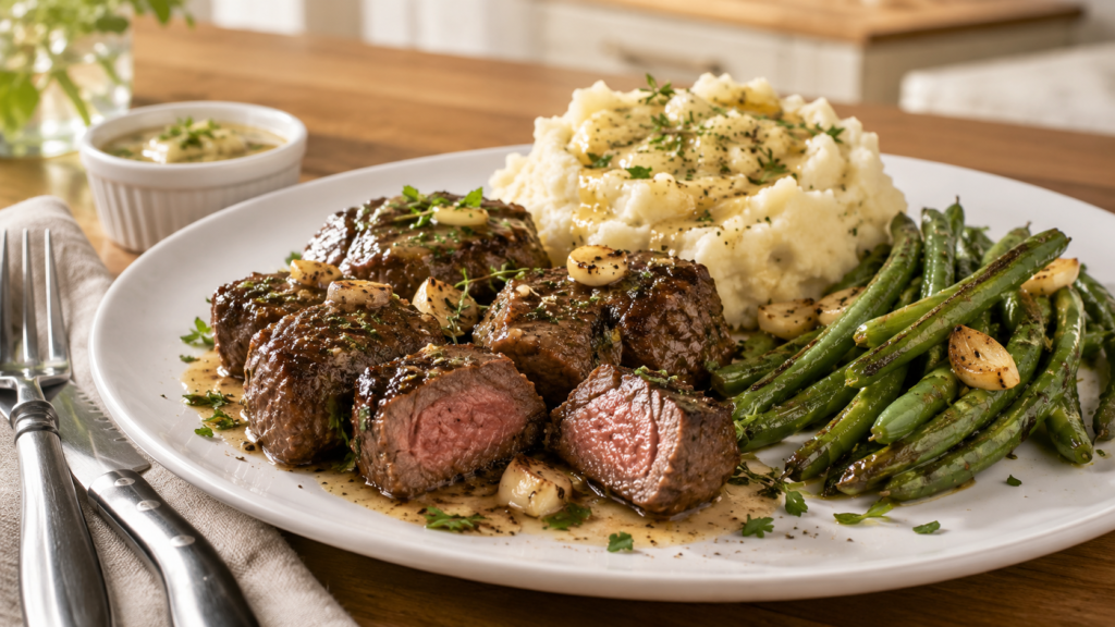 Garlic butter steak bites served with mashed potatoes and green beans