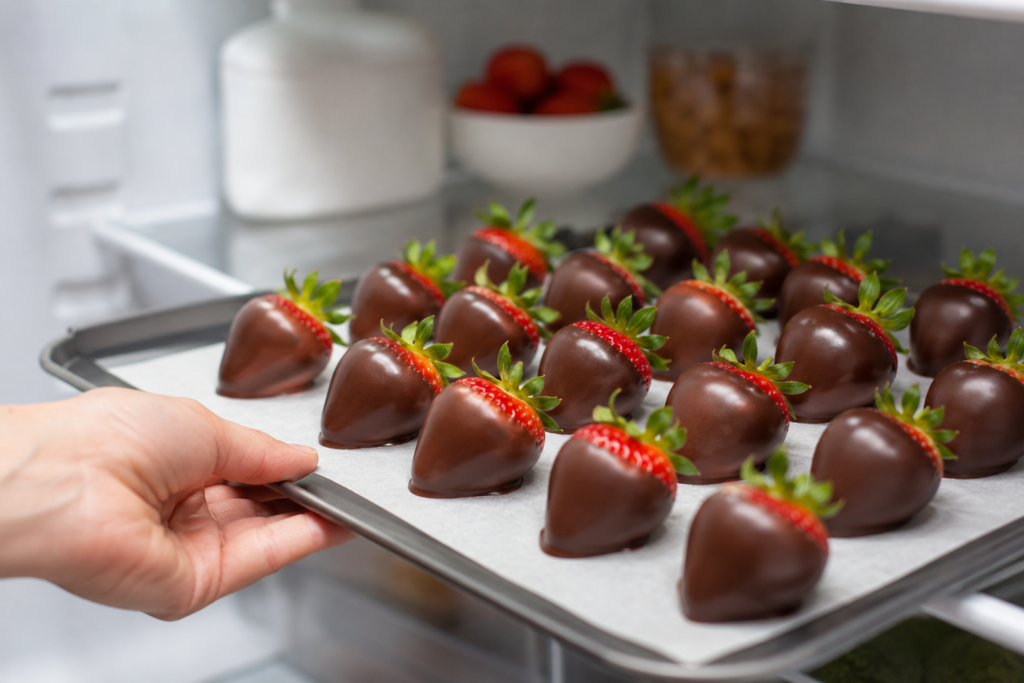 Chocolate covered strawberries chilling until the chocolate sets