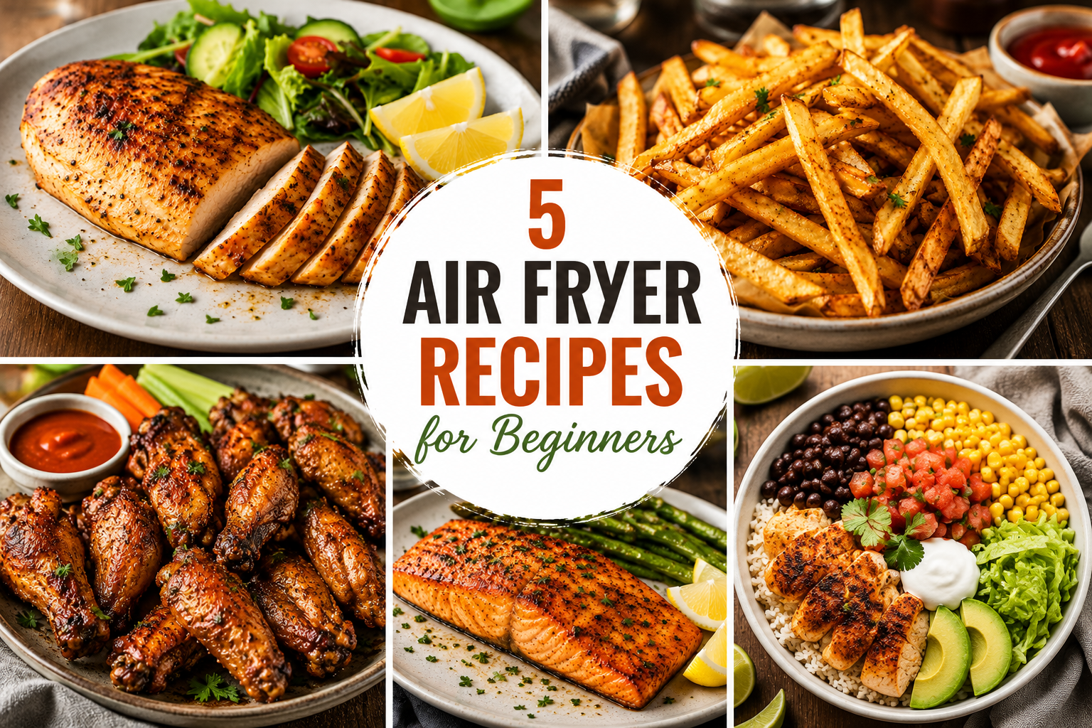 Collage of five easy air fryer recipes for beginners including chicken breast, French fries, chicken wings, salmon, and mixed vegetables.