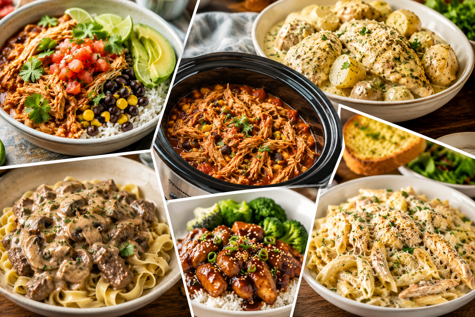 Collage of five easy crockpot dump meals including salsa chicken, garlic Parmesan chicken and potatoes, beef stroganoff, honey garlic chicken, and creamy Italian chicken pasta.