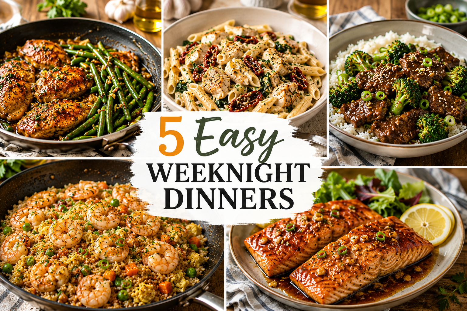 Five easy weeknight dinner recipes including garlic butter chicken, creamy chicken pasta, beef and broccoli stir-fry, shrimp fried rice, and honey garlic salmon
