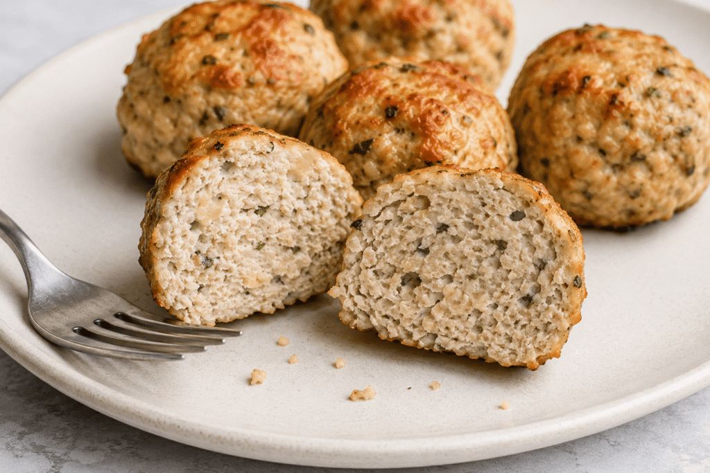 Baked turkey meatball cut open to show its tender fully cooked center
