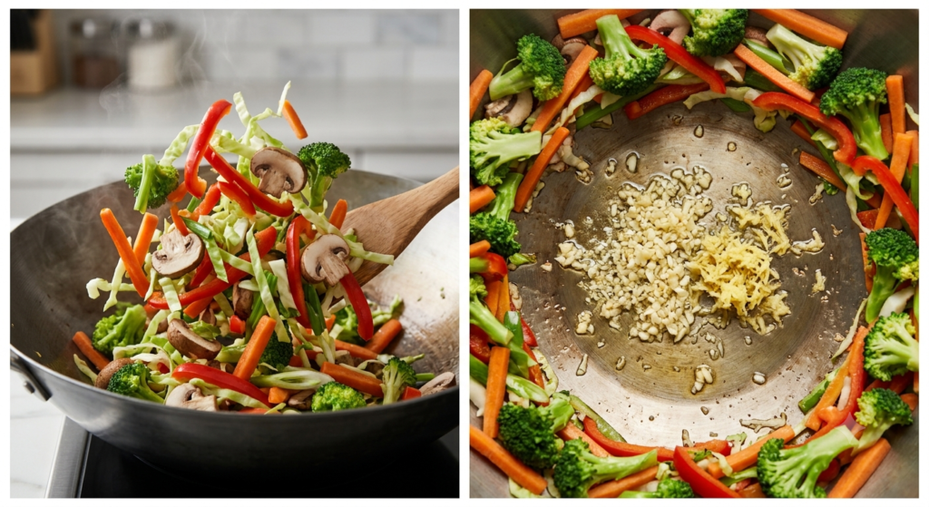 Broccoli and carrots cooking in a hot skillet for chicken stir fry. 

