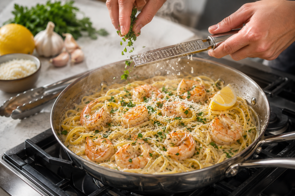 garnishing-creamy-lemon-garlic-shrimp-pasta.