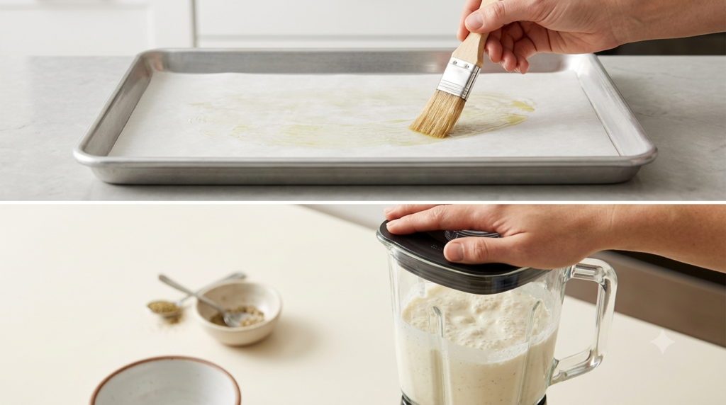 Parchment-lined baking sheet lightly greased for cottage cheese flatbread.