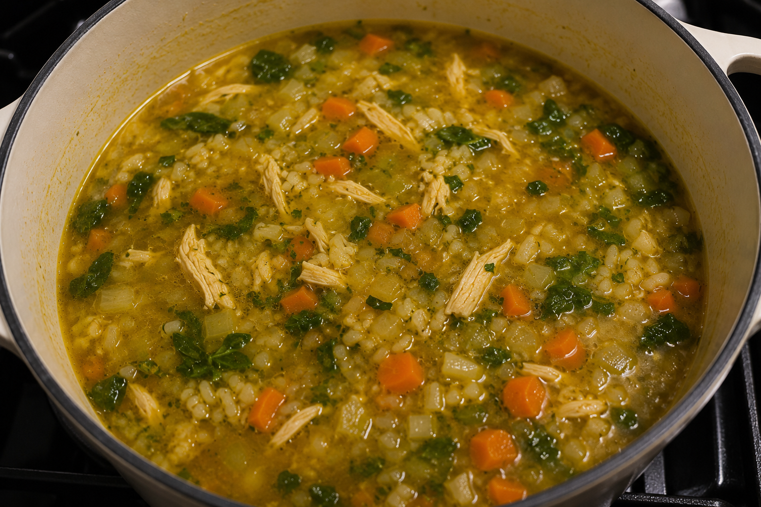 Bowl of homemade anti-inflammatory turmeric chicken soup with shredded chicken, carrots, spinach, brown rice, and a golden broth.