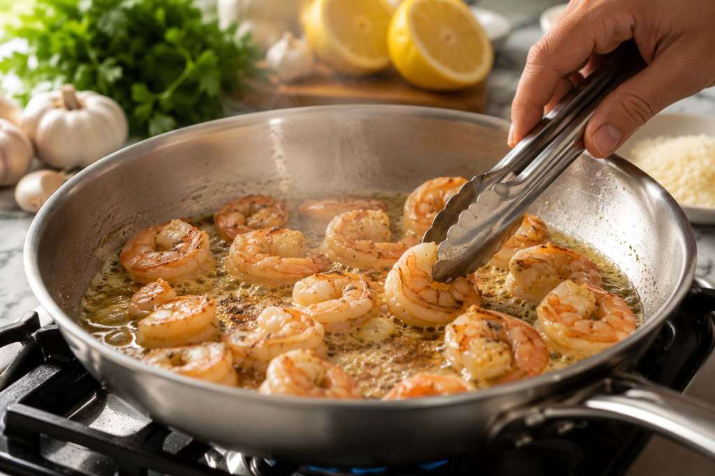 searing-shrimp-for-creamy-lemon-garlic-pasta.