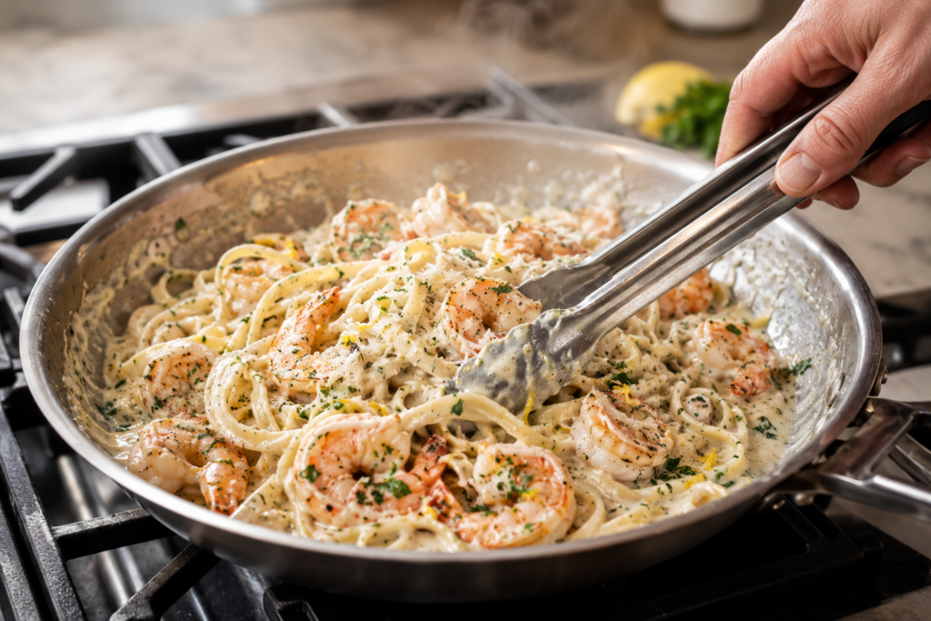 tossing-creamy-lemon-garlic-shrimp-pasta