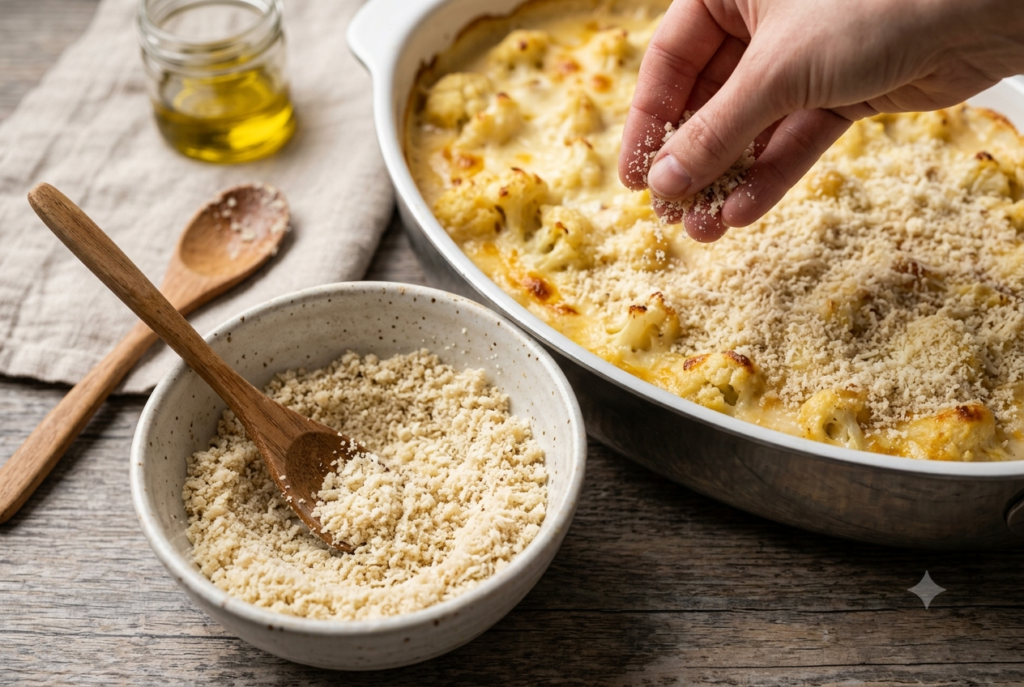 Almond flour and Parmesan topping sprinkled over cauliflower mac cheese.