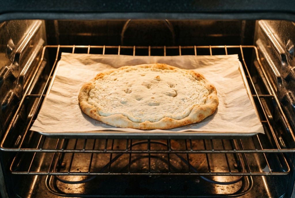 Cottage cheese flatbread baking until set with lightly golden edges. 

