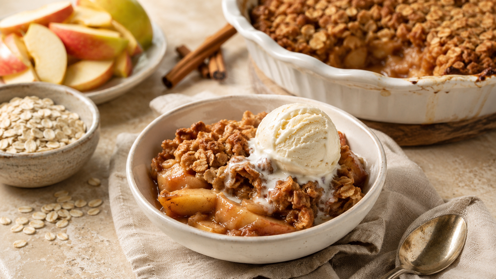 Baked Apple Crisp Old Fashioned Oat served warm with vanilla ice cream.