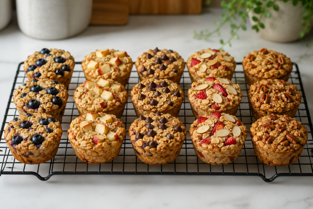 Freshly baked oatmeal cups cooling on a wire rack after baking