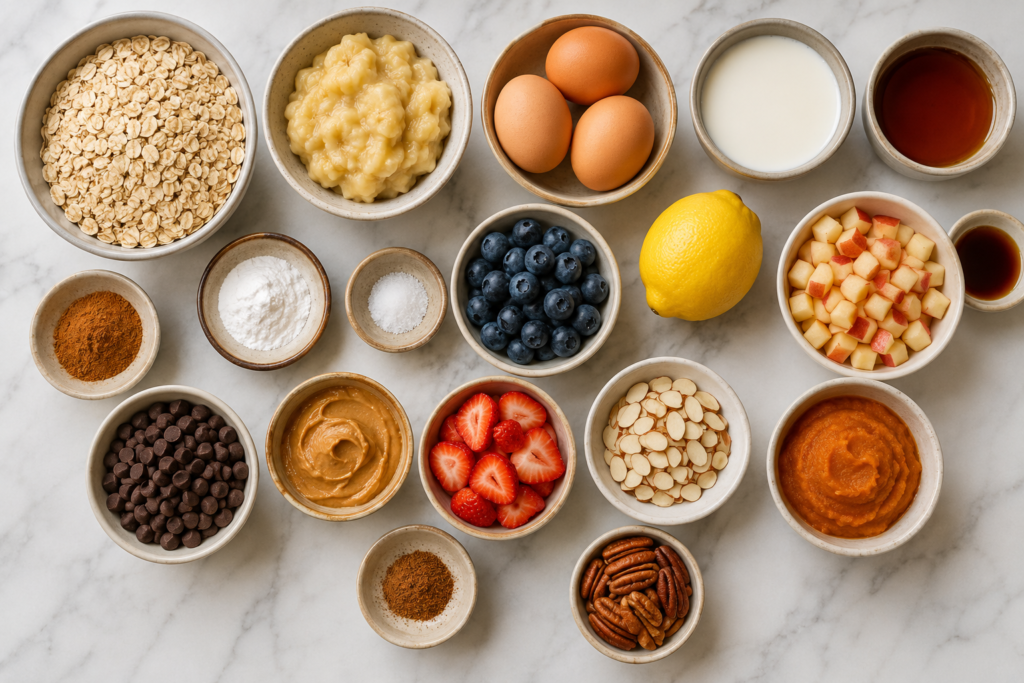Ingredients for baked oatmeal cups including oats bananas eggs milk maple syrup and flavor mix-ins