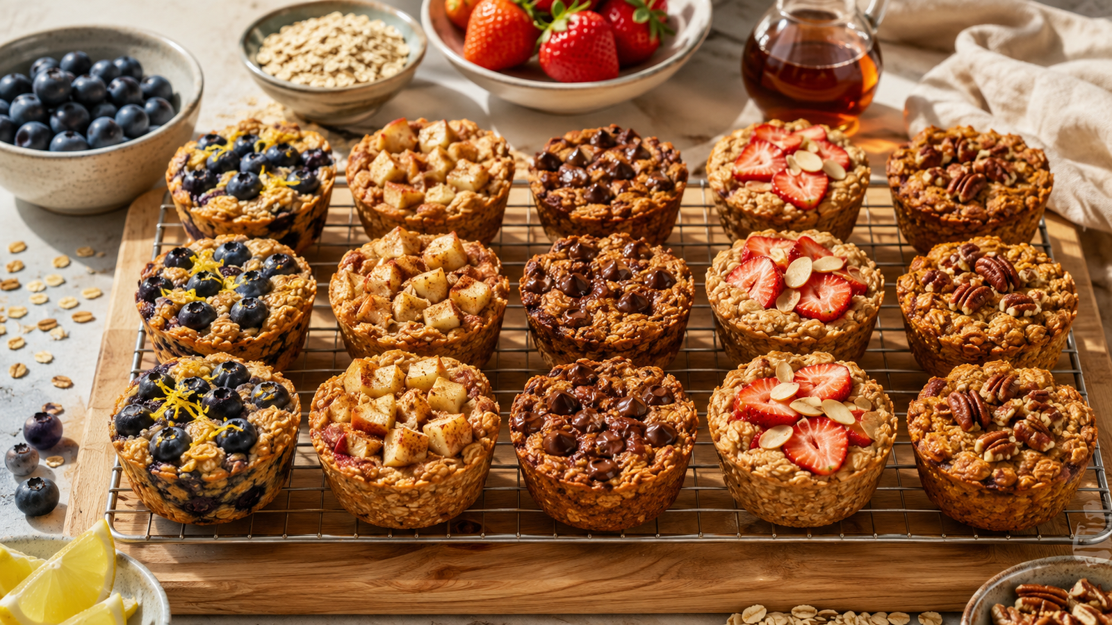 Baked oatmeal cups for meal prep in five flavors arranged on a cooling rack with fresh fruit