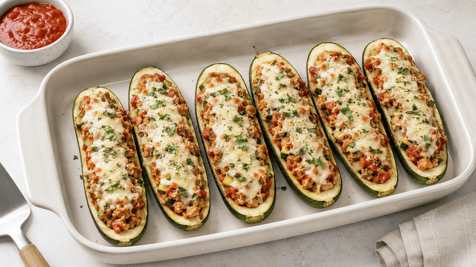 Baked zucchini boats filled with turkey sausage, marinara, and melted cheese