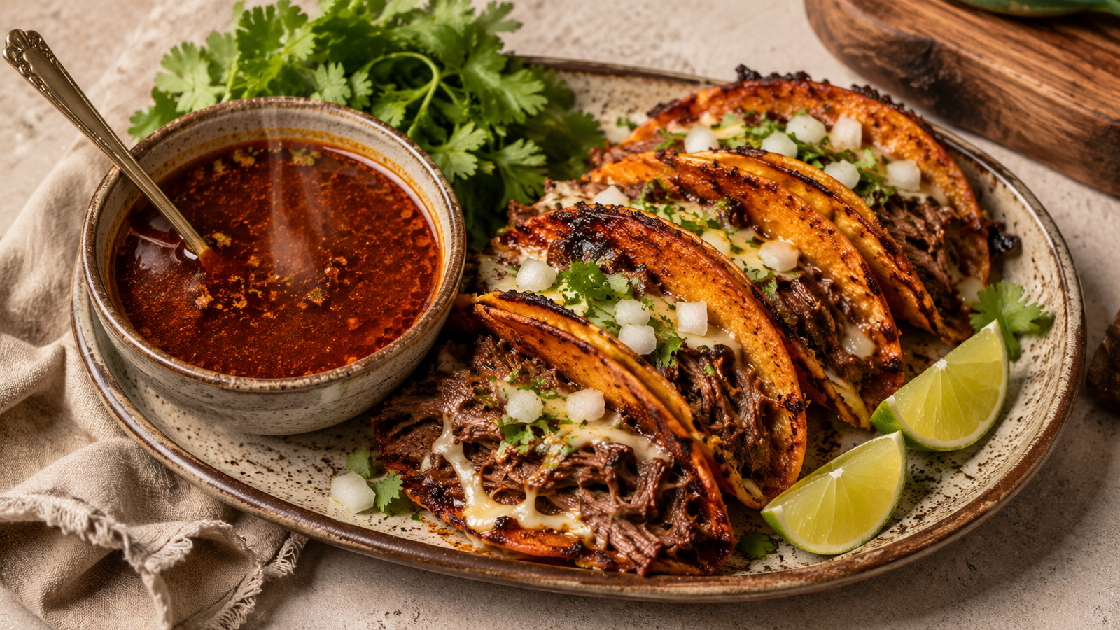 Authentic slow cooker birria tacos served with rich consomme for dipping.