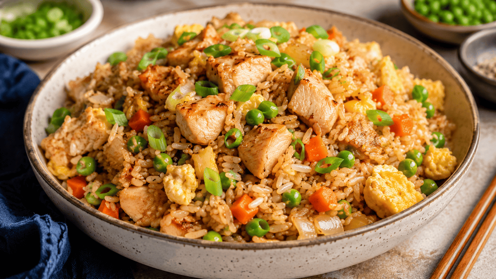 Chicken fried rice better than takeout served with browned chicken, fluffy rice, eggs, and vegetables.