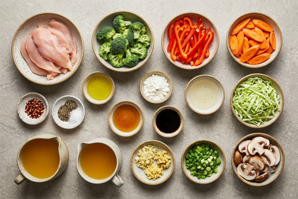 Ingredients for gut healthy chicken vegetable stir fry arranged on a stone surface. 

