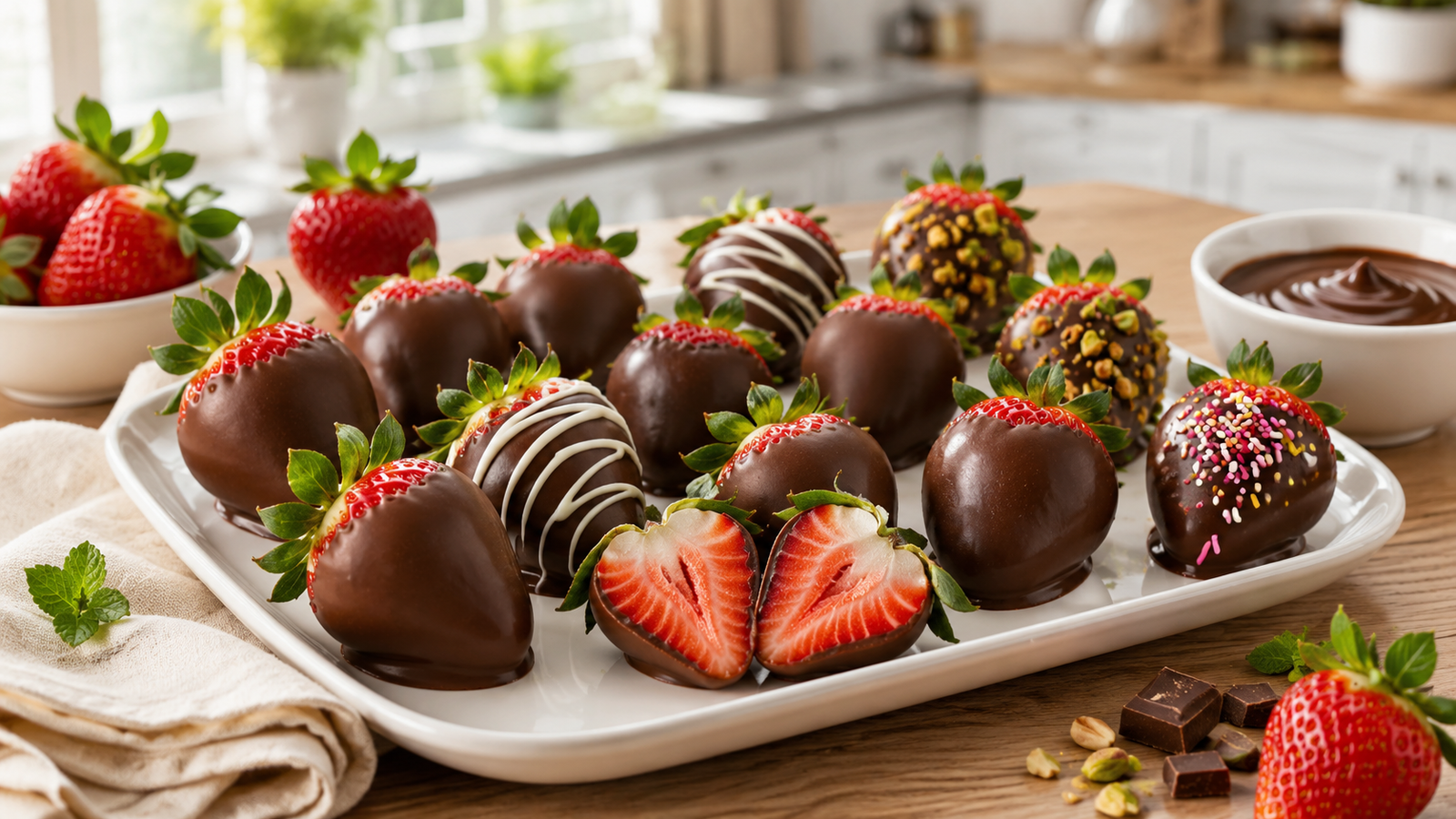 : Easy chocolate covered strawberries on a white serving platter with a glossy chocolate coating