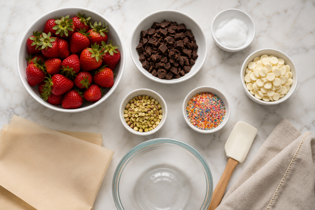 Ingredients for easy chocolate covered strawberries including fresh strawberries and chocolate