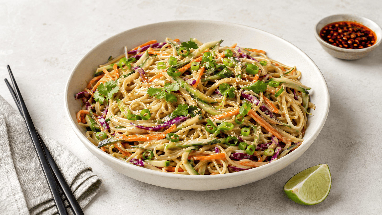 Cold Asian sesame noodle salad with crisp vegetables and creamy sesame dressing