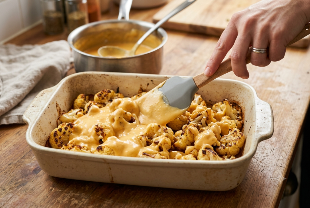 Roasted cauliflower being coated with smooth cheddar cheese sauce.