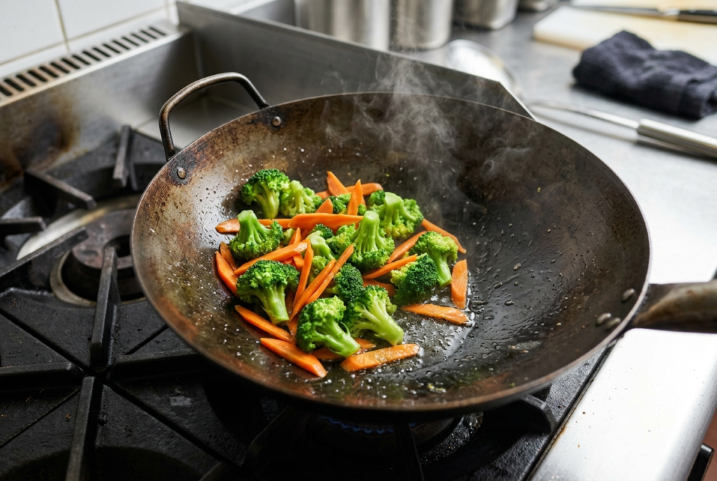 Broccoli and carrots cooking in a hot skillet for chicken stir fry. 

