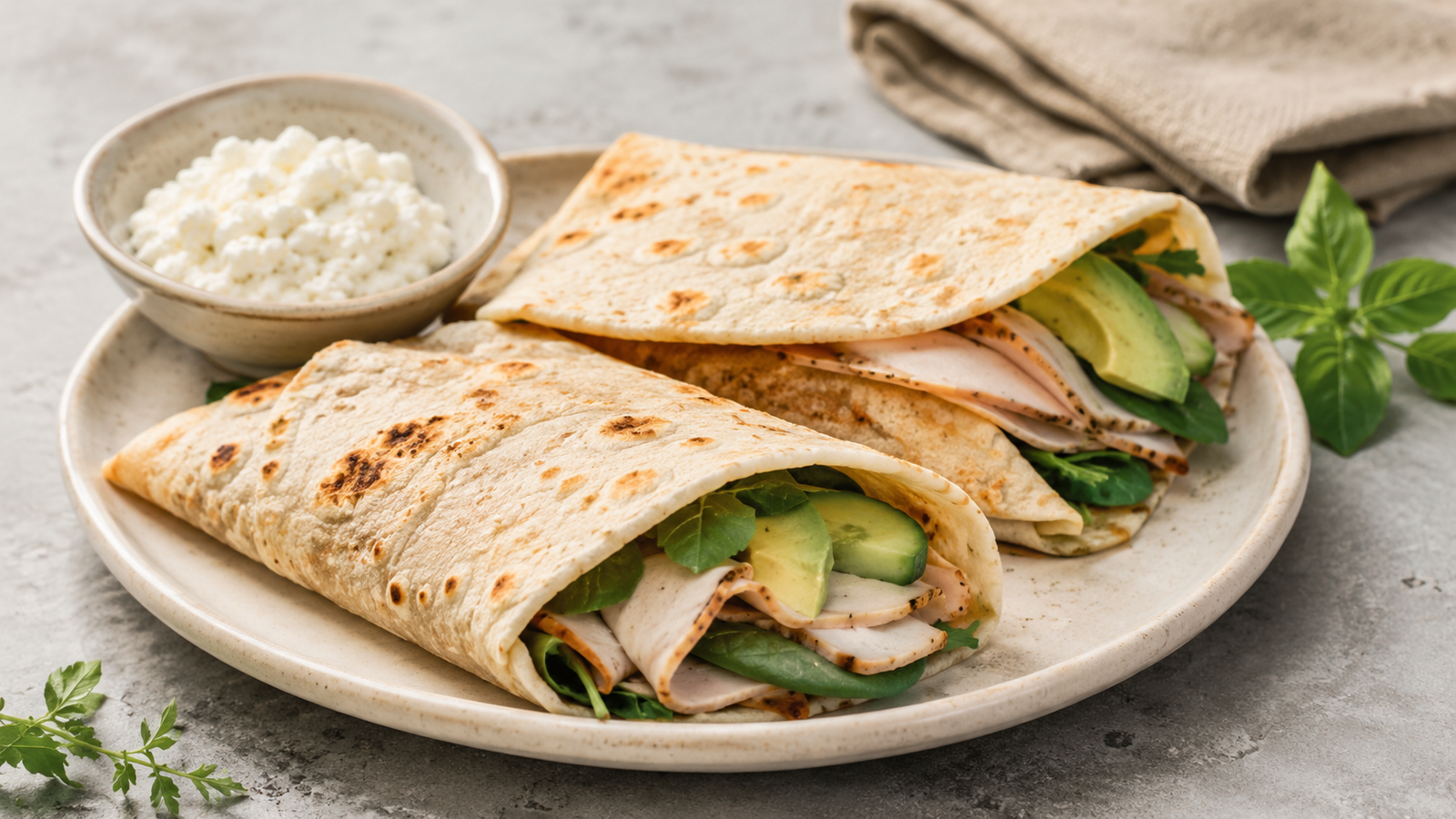 High-protein cottage cheese flatbread wraps filled with turkey, spinach, cucumber, and avocado.