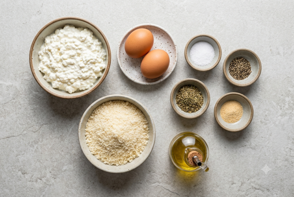  Cottage cheese, eggs, Parmesan, herbs, and seasonings arranged for high-protein flatbread. 

