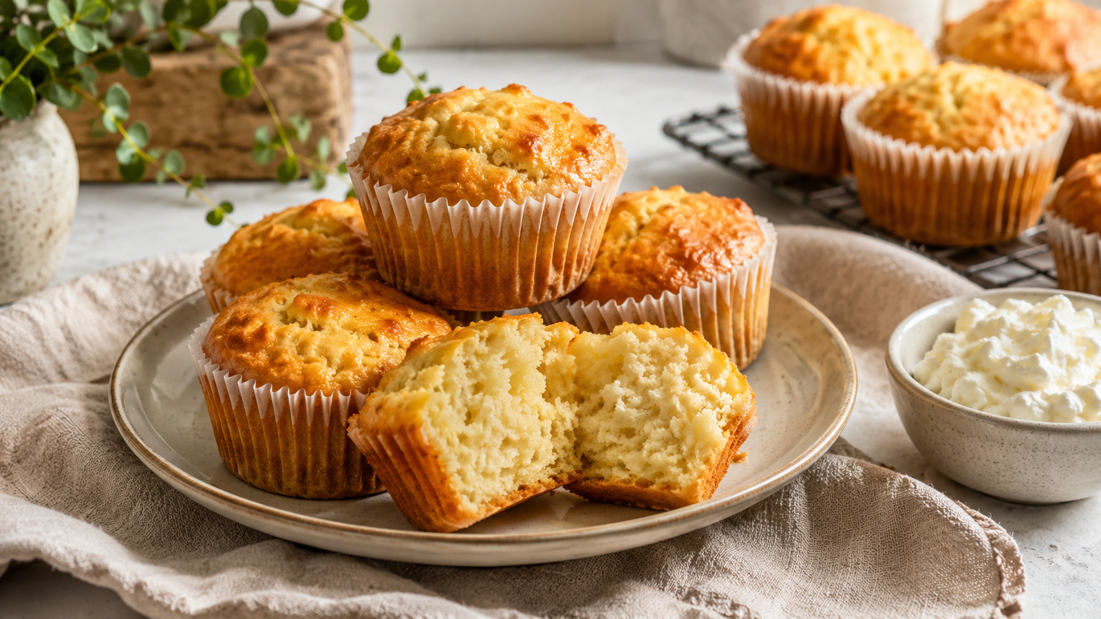 Golden cottage cheese muffins served on a plate with one muffin broken open.