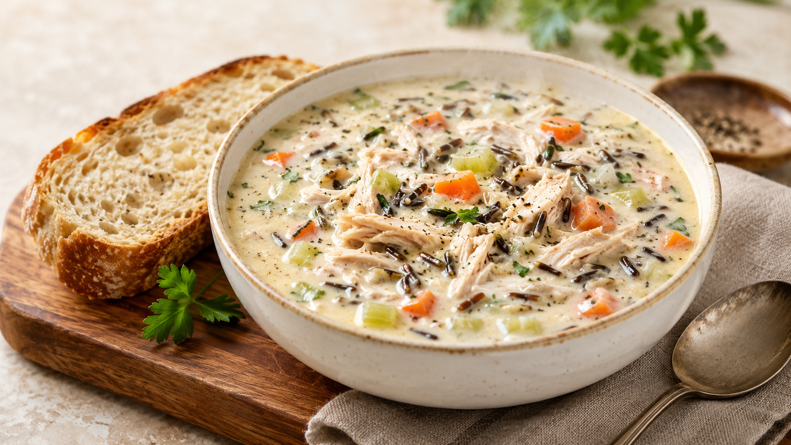 Creamy Chicken Wild Rice Soup Panera copycat served in a rustic bowl with crusty bread.