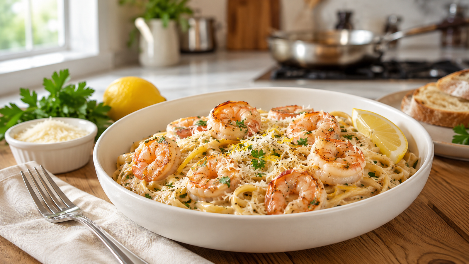Creamy lemon garlic shrimp pasta with Parmesan, parsley, and fresh lemon served in a white bowl