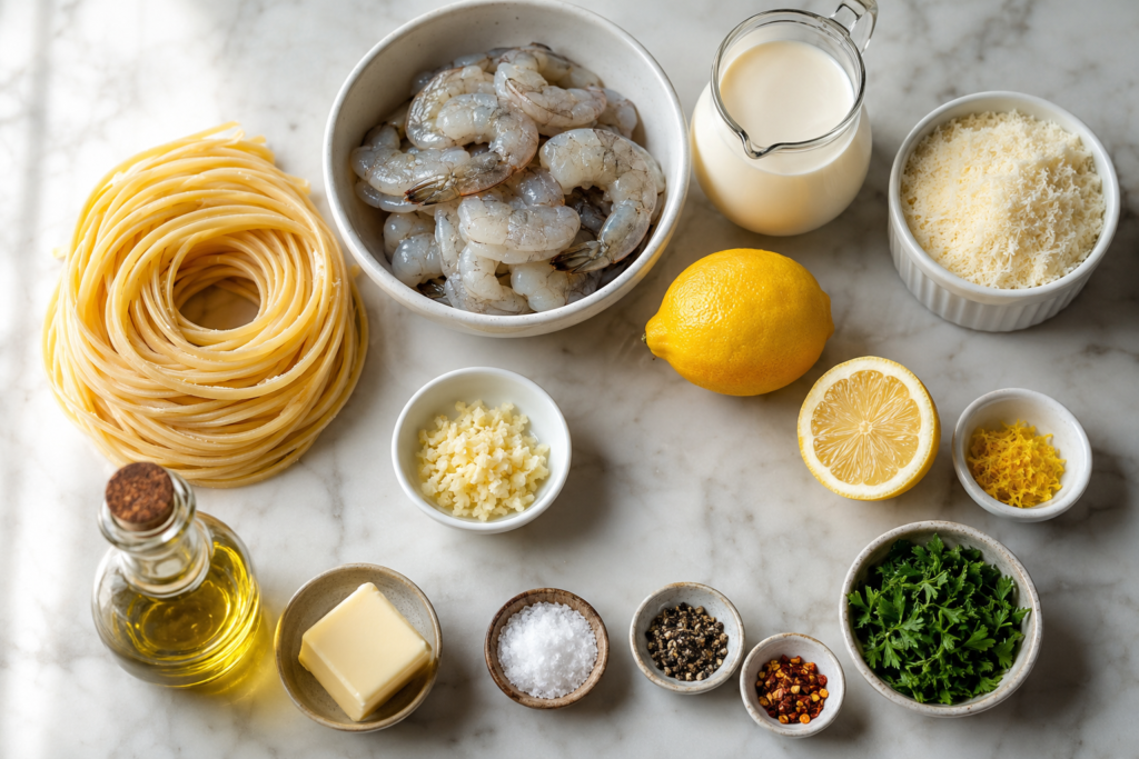 ngredients for creamy lemon garlic shrimp pasta including shrimp, linguine, garlic, Parmesan, cream, lemon, and parsley