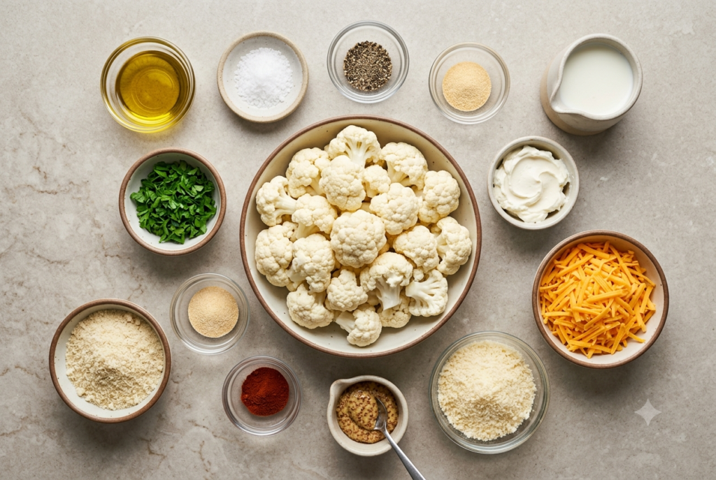Ingredients for diabetic friendly cauliflower mac cheese arranged on a stone countertop.