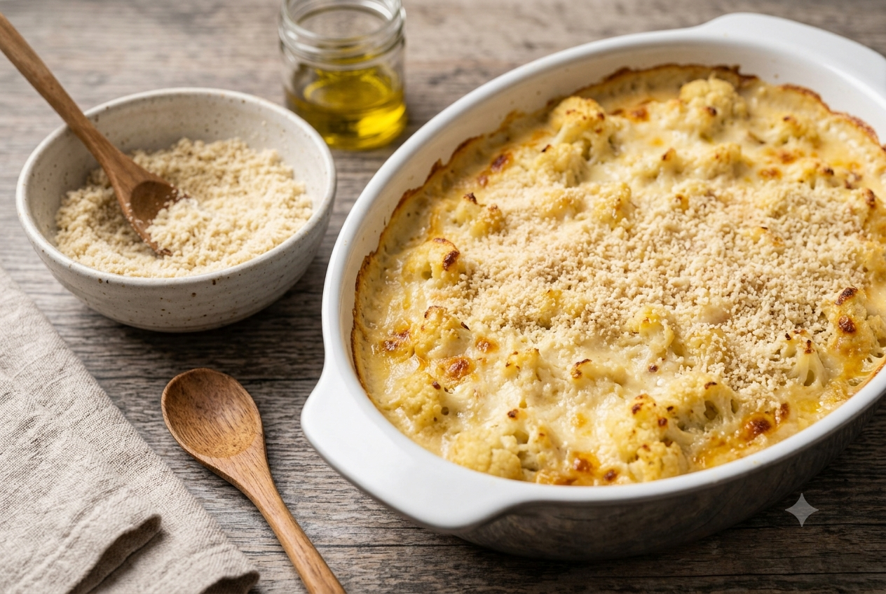 Creamy diabetic friendly cauliflower mac cheese with roasted cauliflower and a golden Parmesan topping.