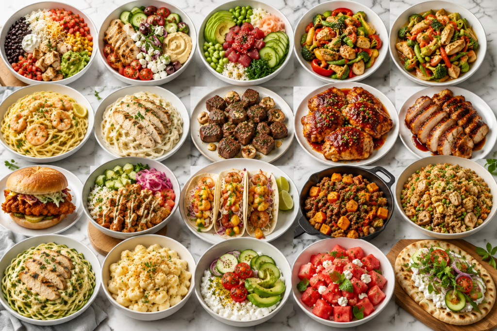 Collage of 20 easy August dinner ideas featuring chicken bowls, shrimp pasta, grilled chicken, tacos, poke bowl, steak bites, fresh salad, and other quick weeknight meals.