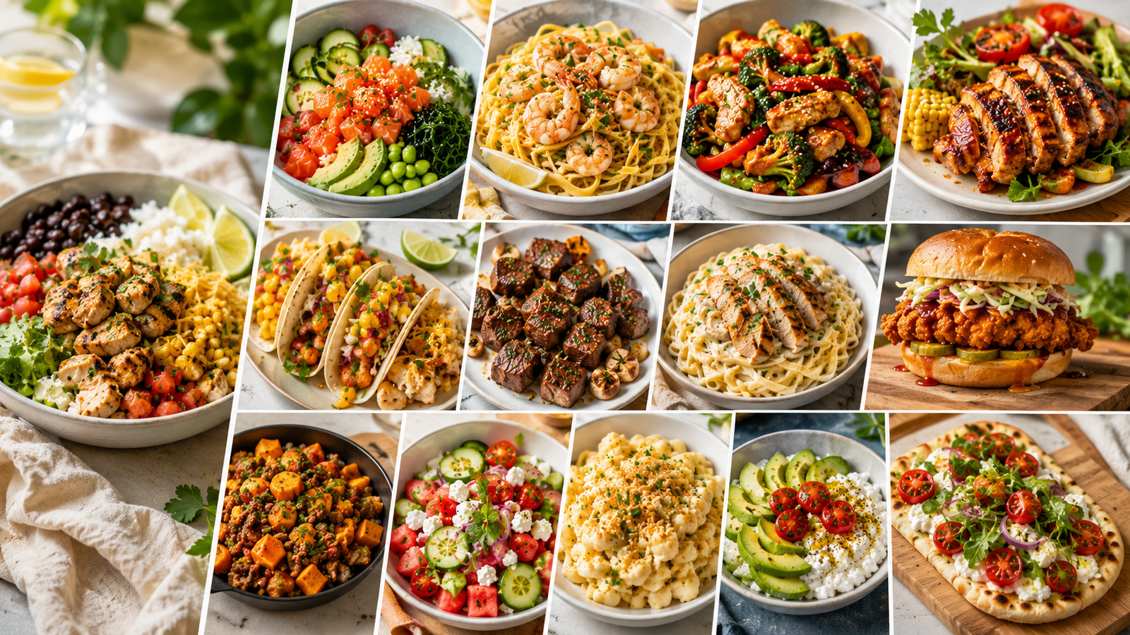 A collection of easy August dinner ideas featuring grilled chicken, burrito bowls, shrimp pasta, steak bites, tacos, fresh salads, poke bowls, and other quick family-friendly meals for busy weeknights.